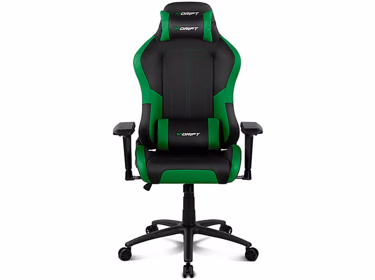 Silla gaming Drift DR250 en negro y verde con reposabrazos multidireccionales y cojín cervical