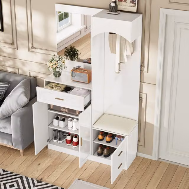 Mueble de recibidor REDOM con zapatero y perchero combinado en MDF blanco de diseño minimalista An/P/Al: 110 x 33 x 185.5 cm
