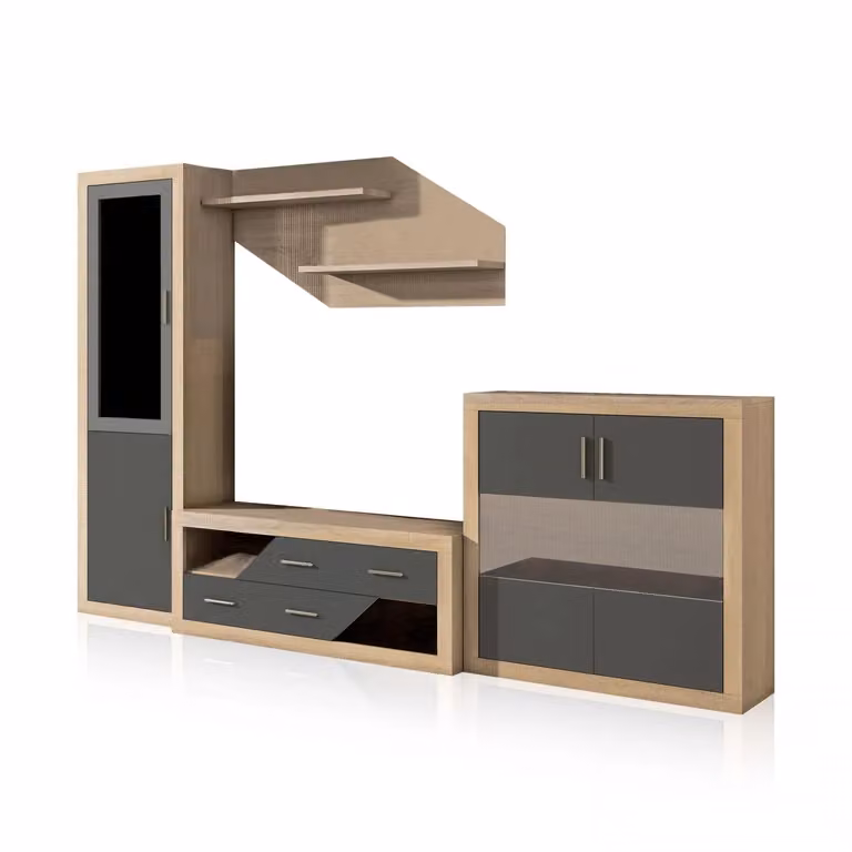 Salón modular Nuka V10 de Duehome en colores beige, marrón y gris con gran capacidad de almacenaje, An/P/Al: 300 x 193,2 x 41,4 cm
