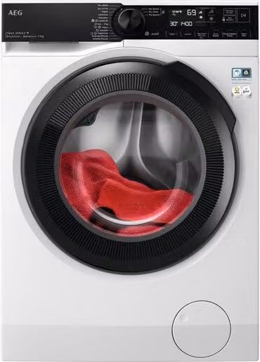 Lavadora de carga frontal AEG LFR7394O4Q en color blanco con capacidad de 9 kg, 1400 rpm y sistema de autodosificación