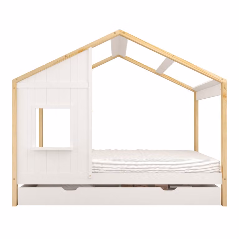 Cama cabaña Sunny de madera de pino para niños con cajones de almacenamiento, marrón y blanco, An/P/Al: 200 x 90 x 171 cm