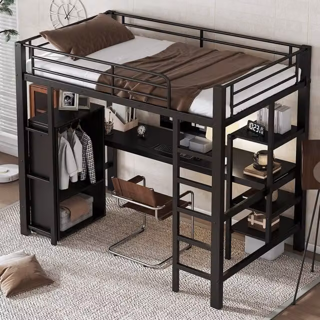 Cama alta individual MODENVIE con escritorio, armario, estantes y escalera, de metal y MDF, color negro, An/P/Al: 95 x 204 x 180 cm