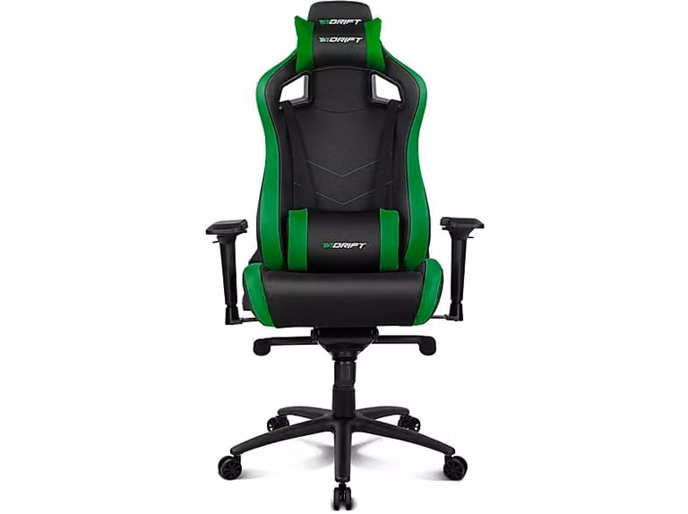 Silla gaming Drift DR500G en color negro y verde con reposabrazos 4D, cojines cervical y lumbar, reclinable y giratoria