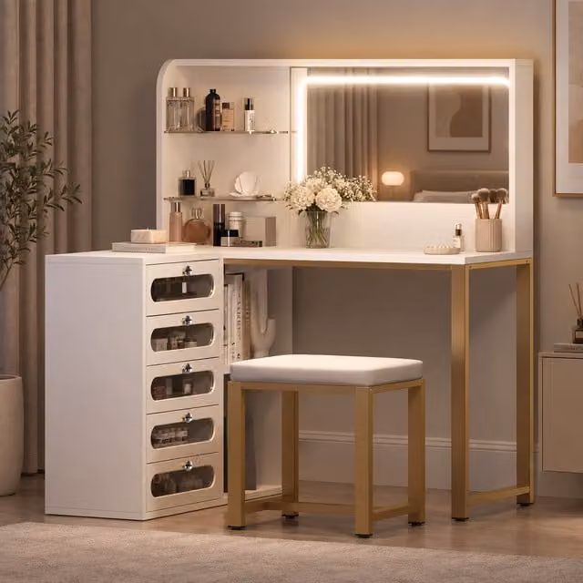 Tocador Esquinero en Forma de L NAHILIMI Blanco con Espejo LED Hollywood, Taburete Acolchado y Estructura Metálica Reforzada