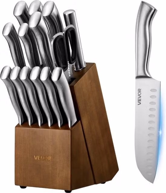 Juego de 15 piezas de cuchillos de cocina Vevor con bloque, fabricados en acero inoxidable y acero al carbono en colores plata y negro
