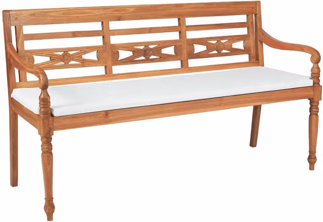 Banco Batavia SYFAX de madera de teca con cojines para jardín o terraza, color marrón y blanco, Ancho: 150 cm