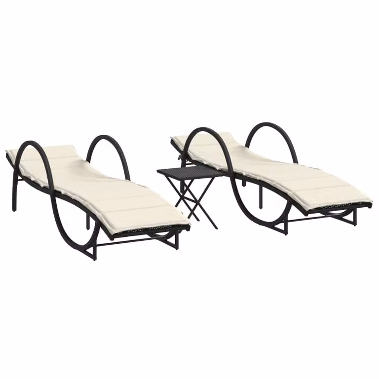 Set de 2 tumbonas Syfax con mesita lateral en ratán y acero negro para jardín o terraza