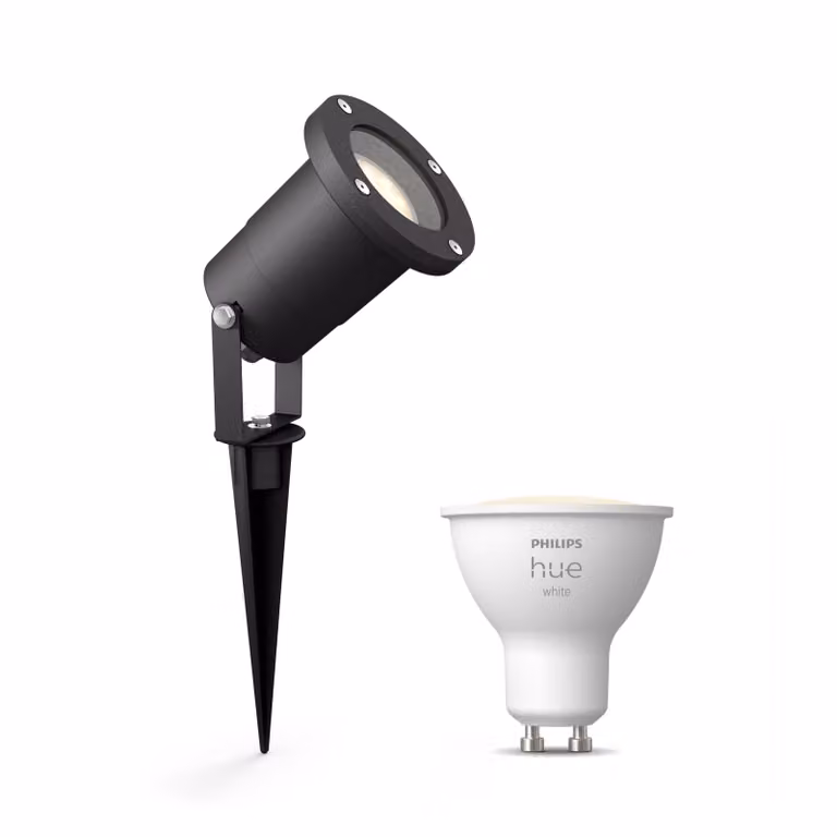 Pack Philips Hue de reflector metálico negro y bombilla LED GU10 de luz blanca cálida