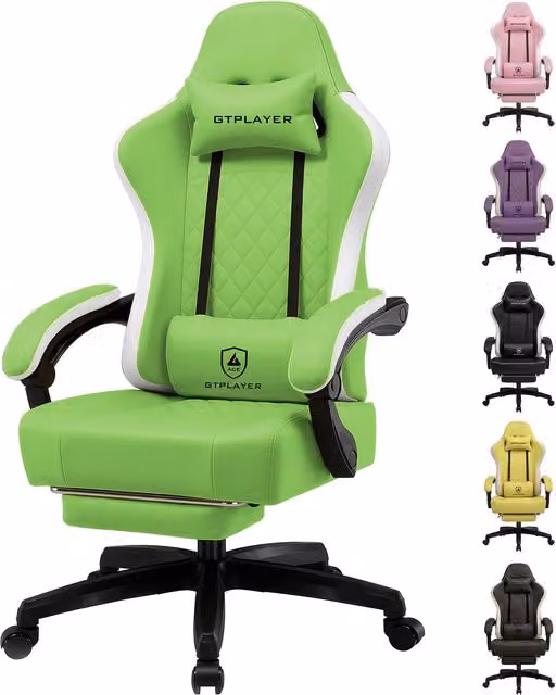 Silla gaming ergonómica GTPLAYER en cuero sintético verde con soporte lumbar, reposacabezas y reposabrazos para oficina o casa