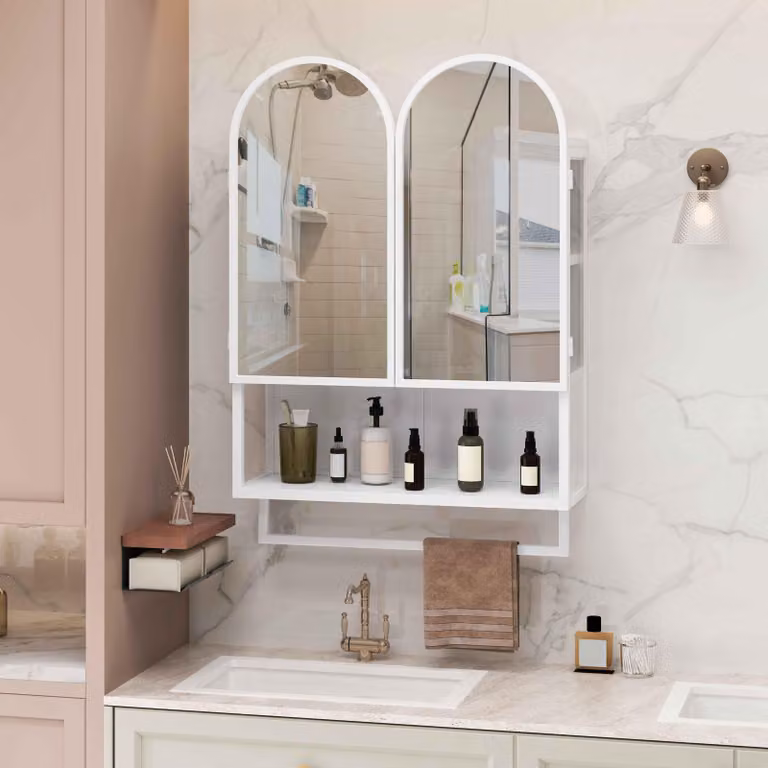 Armario de baño moderno Aiorber de color blanco con espejo, doble puerta, estante interno y toallero para montaje en pared, Ancho: 60 cm