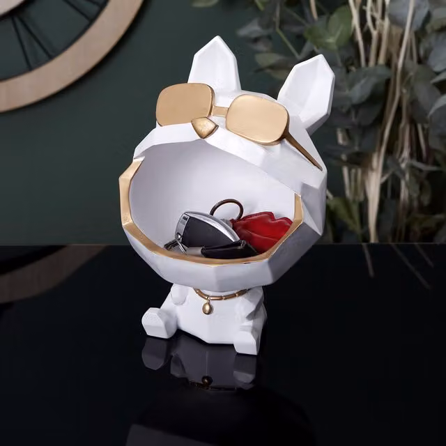 Escultura de perro con gafas vaciabolsillos HOME DECO FACTORY en cerámica blanca y dorada para mesa, An/P/Al: 23,2 x 17 x 1 cm
