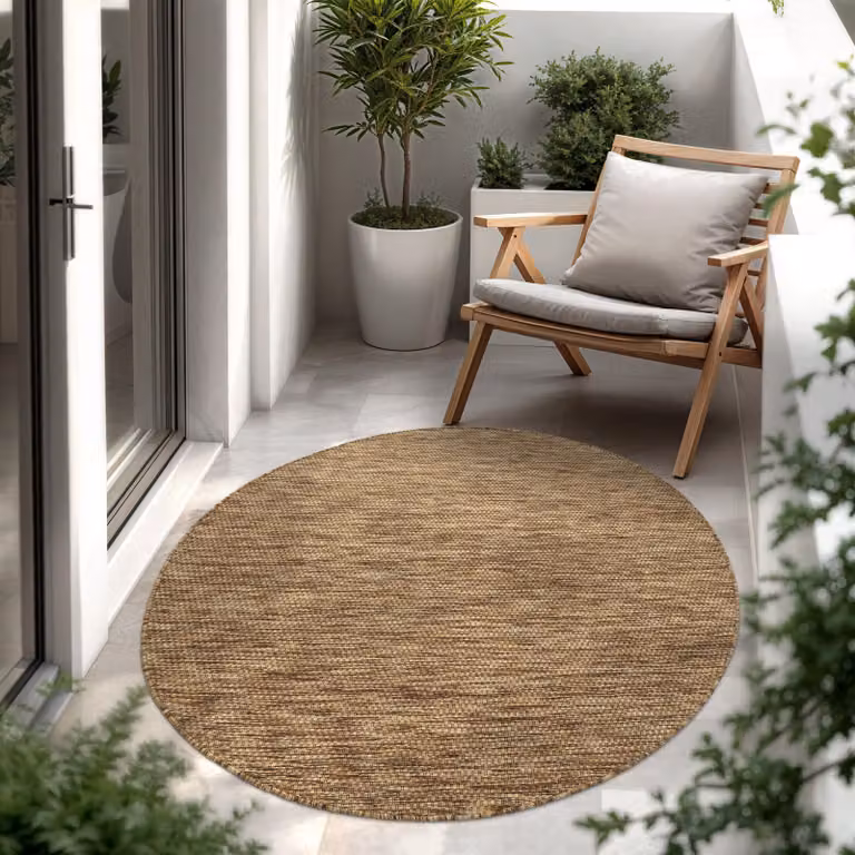 Alfombra Paco Home redonda de tejido plano para interior y exterior, color café, Diámetro: 200 cm