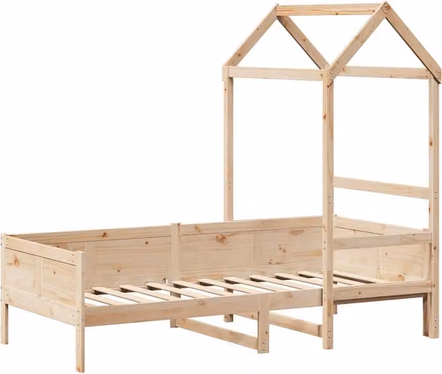 Sofá cama infantil SYFAX de madera maciza de pino color marrón con estructura de cabaña An/P/Al: 200 x 80 x 56,5 cm