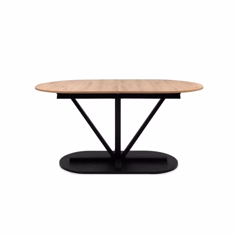 Mesa de comedor extensible Calicosy de madera y metal con diseño ovalado y acabado mate en roble, negro y beige