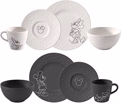 Set de desayuno de 8 piezas Villeroy & Boch Manufacture Mickey Mouse en porcelana blanco y negro