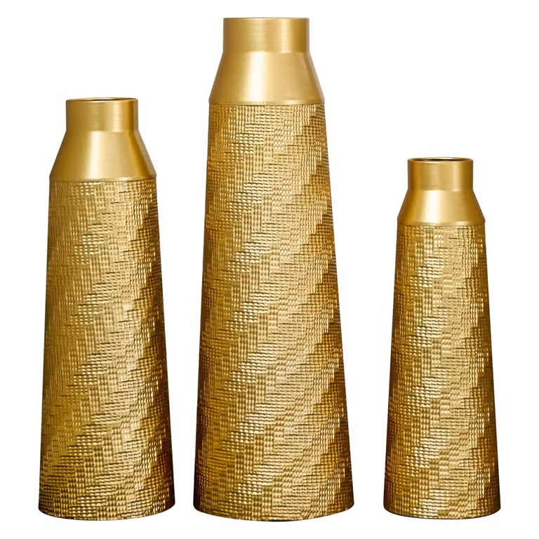 Set de 3 jarrones de suelo modernos Urban Cocon en metal dorado con diseño abstracto y textura artesanal