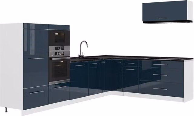 Cocina esquinera Vicco Fame-Line en azul oscuro alto brillo y blanco, An/P/Al: 327 x 227 cm