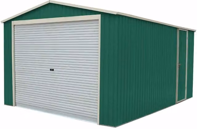 Garaje Metálico Gardiun Essex de 19,5 m² en color verde y blanco, An/P/Al: 576 x 338 x 243 cm
