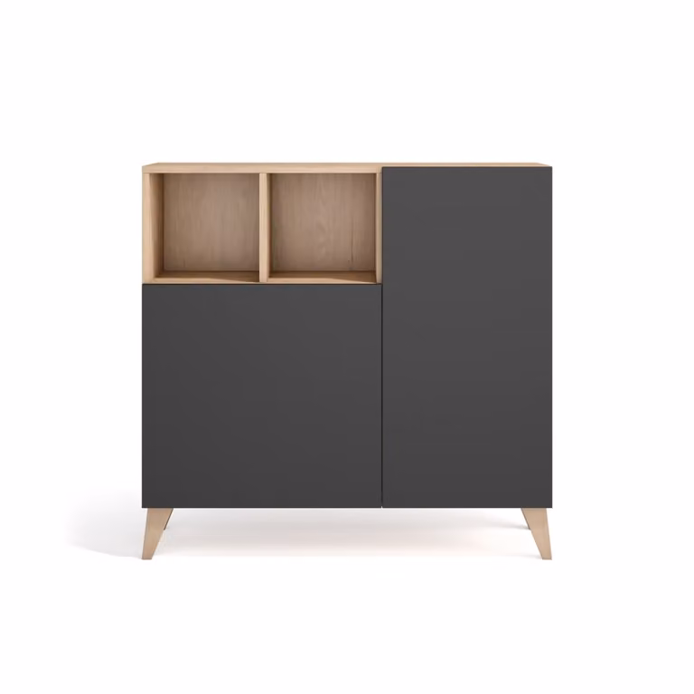 Mueble zapatero Oslo de HERDASA en melamina y madera con patas de haya, color roble claro y puertas gris grafito, An/P/Al: 87 x 27 x 90 cm