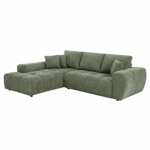 Oviala Sofá esquinero de 3 plazas con chaise longue izquierdo en tejido de pana color verde An/P/Al: 270 x 205 x 90 cm