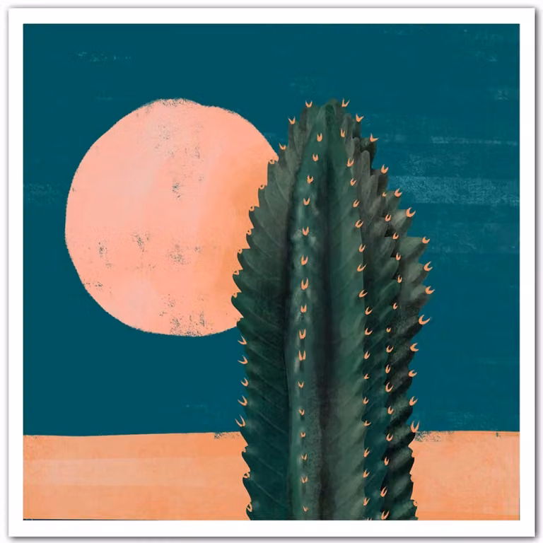 Póster de papel Hexoa con ilustración de cactus y sol en colores rosa y verde, An/An/Al: 30 x 30 cm