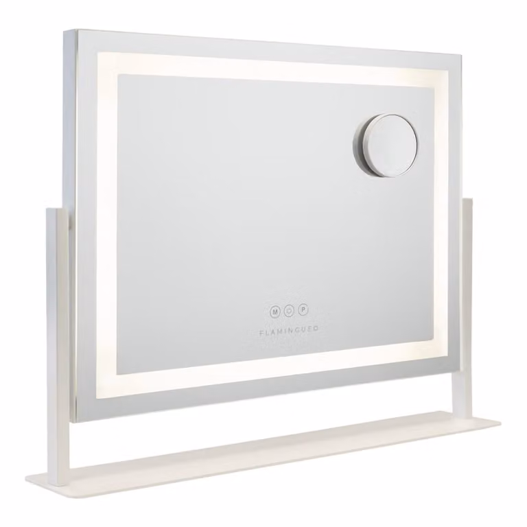 Espejo de maquillaje Flamingueo con luz LED regulable y control táctil, rectangular, blanco, An/P/Al: 58 x 54 x 12 cm