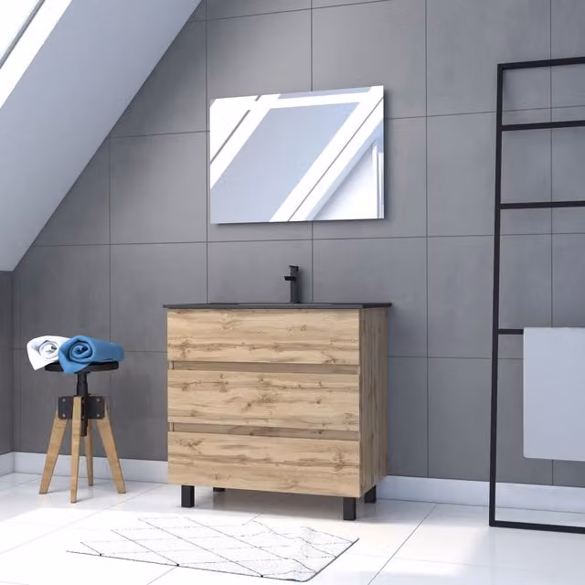 Mueble de baño AURLANE con lavabo, espejo con iluminación LED y 3 cajones en color roble y negro, An/P/Al: 81 x 46,5 x 81 cm