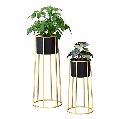Set de 2 soportes para plantas de metal en color dorado y negro de en.casa, estantería para macetas de estilo clásico con dimensiones An/P/Al: 50 x 25 x 25 cm y 70 x 30 x 30 cm