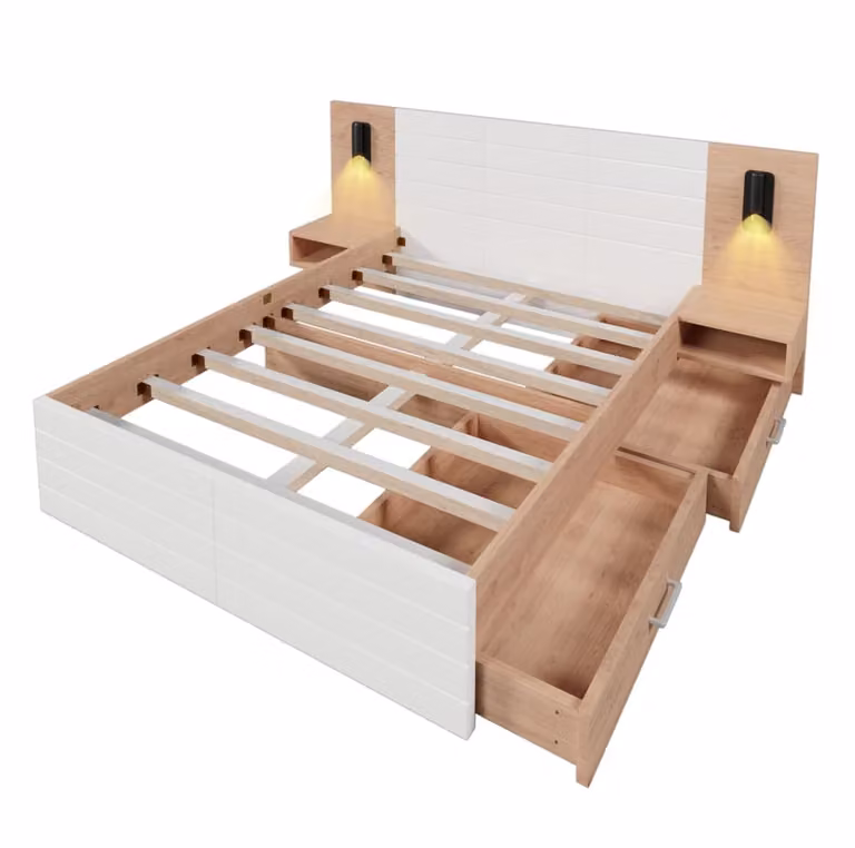 Cama doble moderna REDOM en madera y MDF con cajones, luz de lectura integrada y puerto USB, color blanco y roble, 140x200 cm