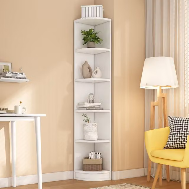 Librería esquinera de 5 niveles STILVORA en MDF color blanco, diseño moderno, An/P/Al: 42 x 30 x 180 cm