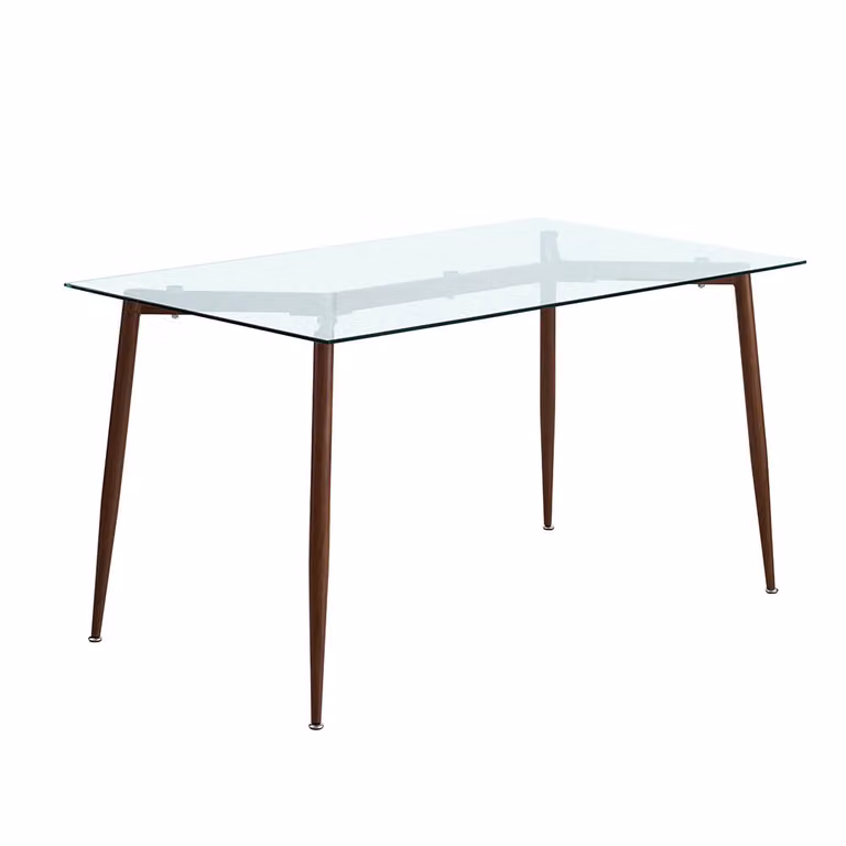 Mesa rectangular Siediti Fuori e Dentro con tablero de vidrio transparente y patas de metal marrón de estilo minimalista
