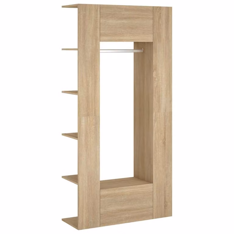Set de 2 muebles de recibidor modernos vidaXL en madera contrachapada color roble sonoma con estantes y barra de colgar para pared