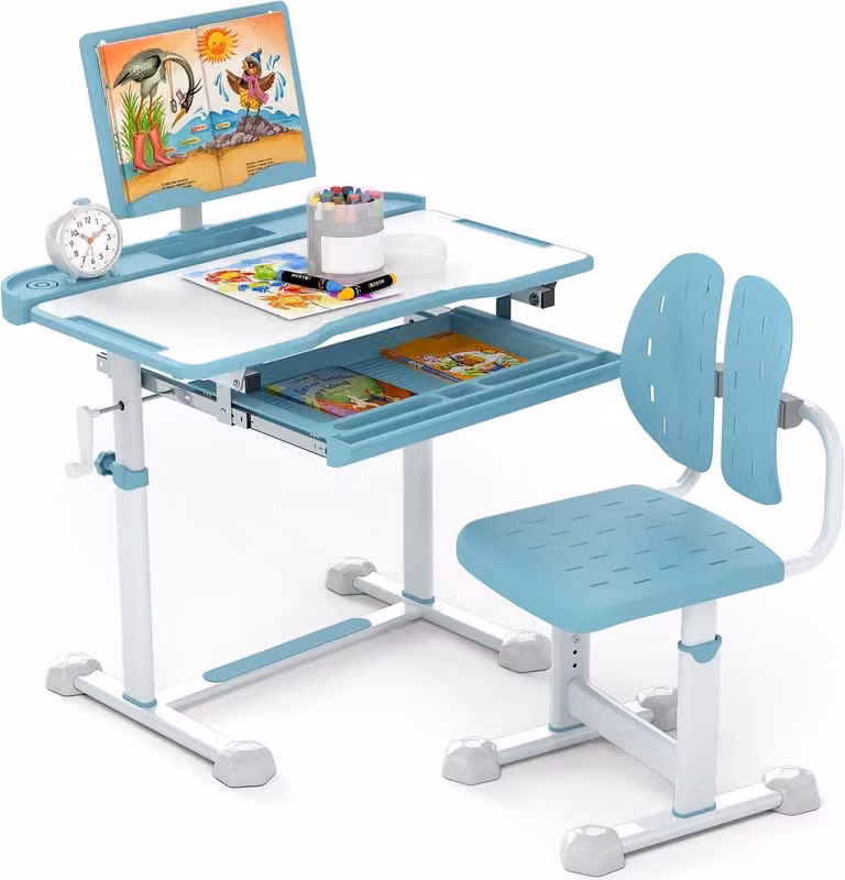 Juego de escritorio y silla infantil regulable Northix con superficie inclinable, color azul