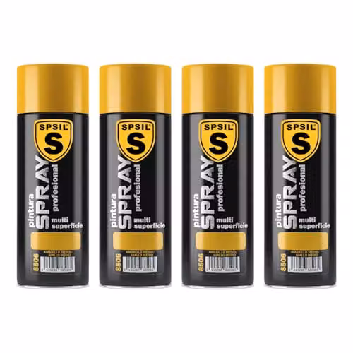 Pack de 4 unidades de Pintura Spray SPSIL Brillante Amarillo Medio de 200 ml para Metal, Madera y Plástico con Secado Rápido