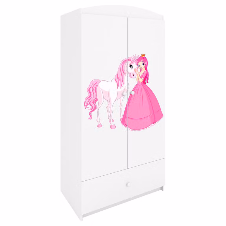 Armario infantil Kocot Kids de color blanco con acabado brillante, diseño moderno de 2 puertas y cajones, fabricado en MDF para dormitorio infantil, An/P/Al: 90 x 57 x 187 cm