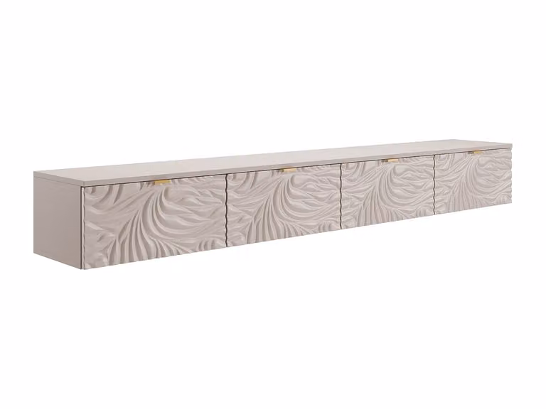 Mueble de TV suspendido RINAREL con 4 puertas en beige y dorado con sistema soft close