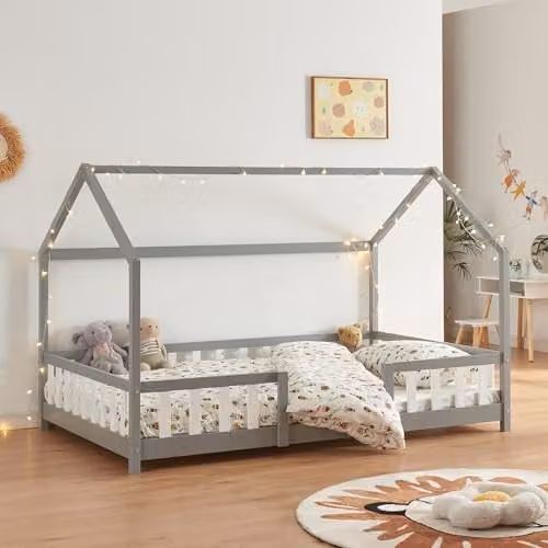Cama infantil Sisimiut de en.casa fabricada en madera de pino con estructura de casita y protección anticaídas en color gris y blanco, An/P/Al: 200 x 140 x 76,7 cm