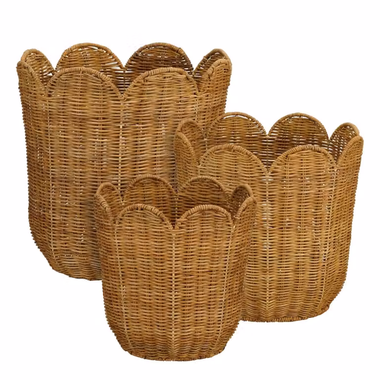 Juego de 3 cestas de almacenamiento Eleta de Mica Decorations en color marrón claro con tejido abierto de ratán y madera, An/P/Al: 34 x 34 x 35 cm