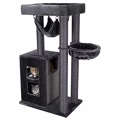 Poste rascador para gatos Trixie Amadeus XXL con hamaca y juguetes integrados, color gris, Altura: 163 cm