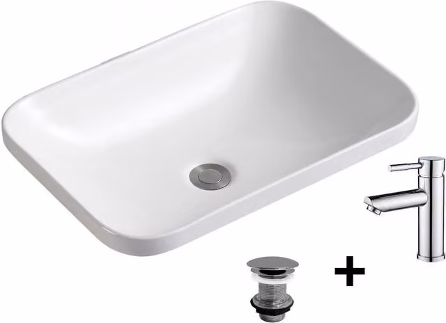 Lavabo semi empotrado rectangular de cerámica blanca MOB IN con grifo y válvula, An/P/Al: 53 x 37 x 15 cm