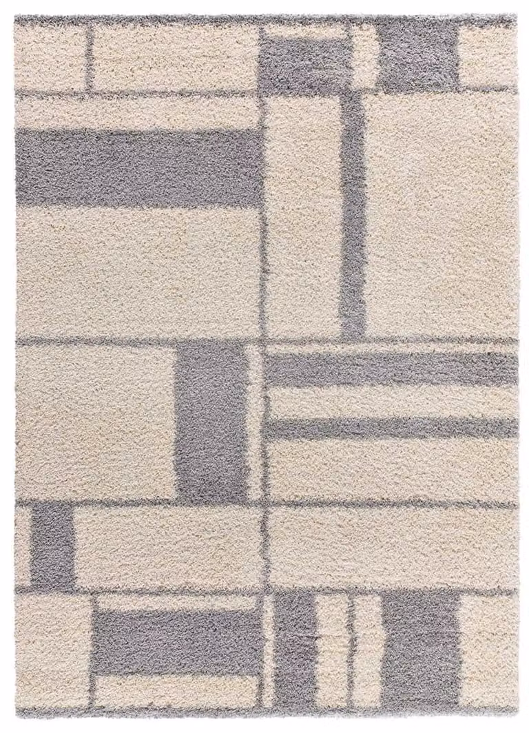 Alfombra de pelo largo Atticgo con diseño geométrico moderno en colores beige, gris y plata, An/P: 133 x 190 cm
