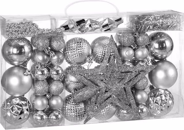 Set de 66 adornos para árbol de Navidad Casaria con bolas redondas, figuras de estrellas y formas abstractas en color plata