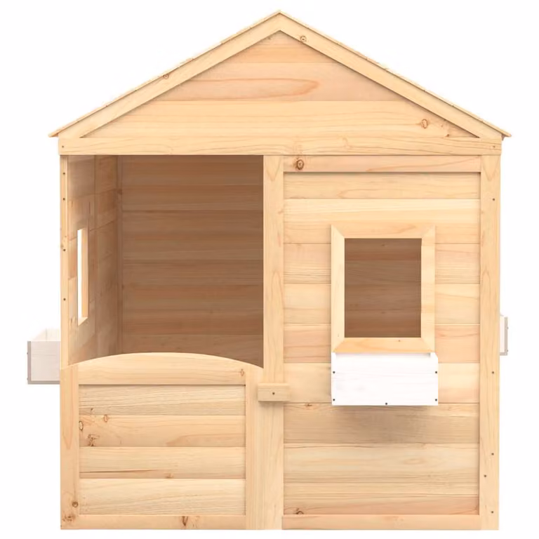 Casa de juegos de madera de abeto vidaXL con puerta con cierre y macetas, color marrón, An/P/Al: 132 x 125 x 144 cm