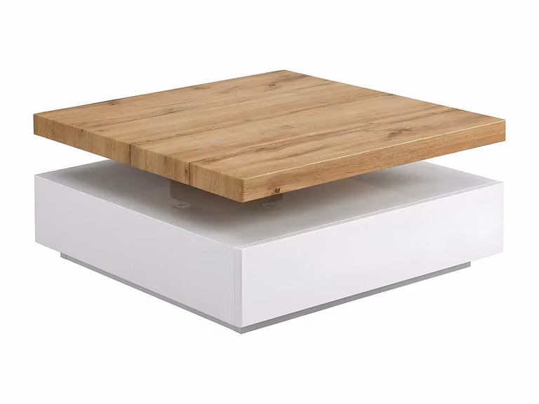 Mesa de centro KYRIA con tablero pivotante y un cajón en MDF, color blanco y beige