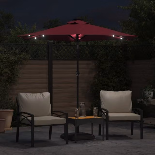 Sombrilla de jardín SYFAX con luz LED, poste de acero y tela de poliéster en color burdeos, An/P/Al: 225 x 225 x 212 cm