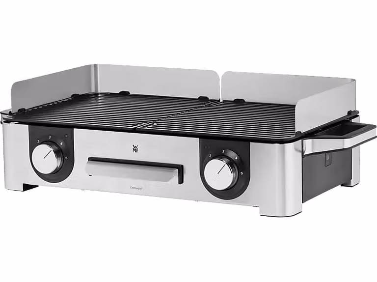 Barbacoa Eléctrica de Sobremesa WMF Lono Master Grill de 2400W en Color Plata con Superficie Antiadherente, Regulador de Temperatura, 2 Zonas de Cocción y Bandeja Antigoteo Extraíble