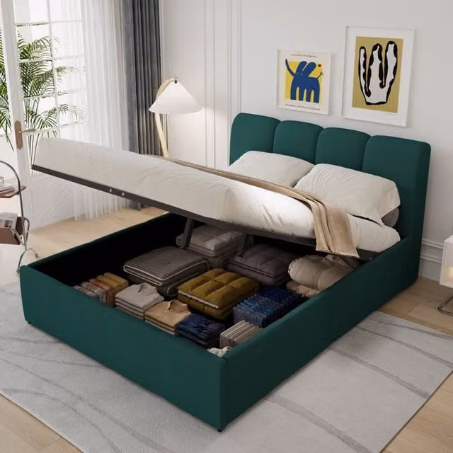Cama Baltimore de Concept Usine con canapé abatible, estilo nube con iluminación LED y tapizado en terciopelo verde, An/P/Al: 140 x 190 x 126 cm