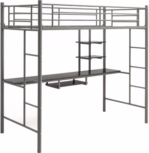 Cama alta individual Northix con escritorio y estantería integrada, color plata