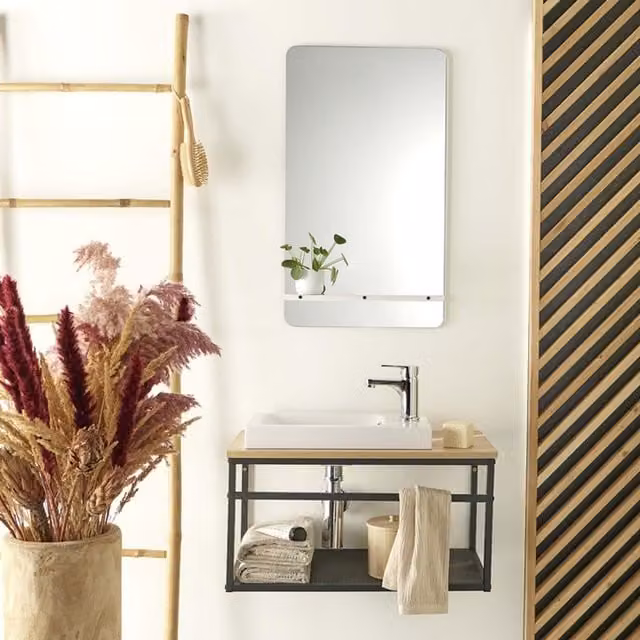 Juego de mueble de lavabo y armario espejo Mob-In en acabado roble y mango con detalles en blanco o negro, diseño moderno de pared, An: 60 cm, P: 30 cm, Al: 36,6 cm