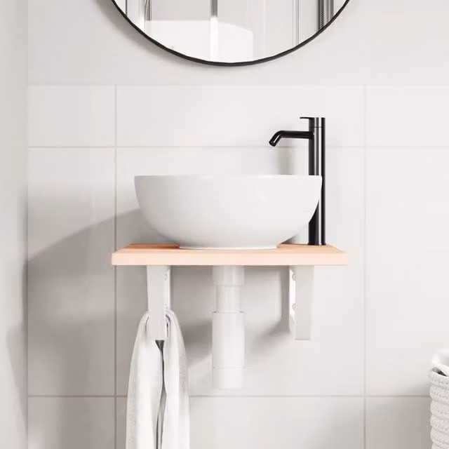 Estante de lavabo de pared SYFAX de madera de roble y acero en color blanco y marrón